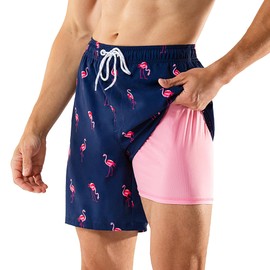 BRISIRA Mens Swim Trunks Swim Shorts 7 inch Compression Liner Bathing Suit Beach Shorts Swimwear Stretch Quick Dry Pockets Flamingo