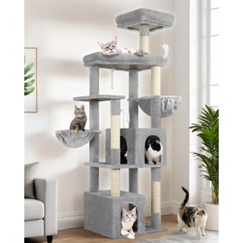 Globlazer Sturdy Cat Tree, 68-inch Large Cat Tower for Indoor Adult Cats 20 lbs Heavy Duty Cat Tree for Big Cats with Extra Large Platform, 5 Scratching Post, S68, Cloud Grey