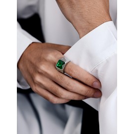 Bandmax Stainless Steel Emerald Ring Green Gemstone Ring Green Cubic Zirconia Ring for Men Women Sparkling Fancy Princess Cut CZ Ring for Engagement Wedding Size 8