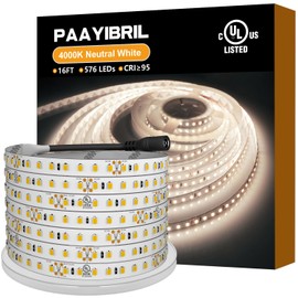 PAAYIBRIL Neutral White LED Strip Lights 4000K, 450LM/ft Ultra Bright, CRI 95+, UL Listed, Premium High Density 2835, 16ft, 576 LEDs, 24V DC LED Tape Light for Room, Kitchen, Cabinet (No Power Supply)