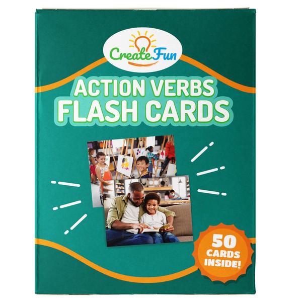 CreateFun Action Verbs Flash Cards - 50 Vocabulary Builder Educational Photo Cards - with 6 Teaching Activities for Parents, Classrooms, Speech Therapy Materials, ELL and ESL Teaching Materials