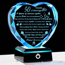 50th Wedding Anniversary Crystal Gifts for Couples Parents with Colorful LED Base Heart Romantic Happy 50th Anniversary Plaque Gift for Husband Wife 50 Years of Marriage Gifts for Her Him