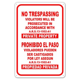 ZYPENG Tin Signs No Trespassing Violators Will Be Prosecuted in Accordance with ARS 13-1502-A1 Private Property Warning Street Sign Metal 8 x 12 inches