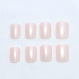 Chrome Press on Nails Short Square Fake Nails with Solid Color Design Light Pink Acrylic False Nails Pearl Glue on Nails Glossy Full Cover Artificial Stick on Nails for Women Girls Manicure 24Pcs