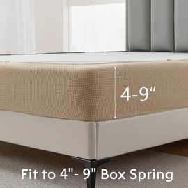 MIYE Jacquard Fabric Box Spring Cover,Super Stretchy Wrap Around 4 Sides Elastic Bed Skirt,Wrinkle & Fading Resistant,Washable & Easy Fit. (Cream, California King)