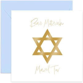 Old English Co. Bar Mitzvah - Tarjeta de felicitación para él - Tarjeta de felicitación Mazel Tov con diseño de estrella de David de lámina dorada - Regalos de felicitación de buena suerte para niños | Interior en blanco con sobre