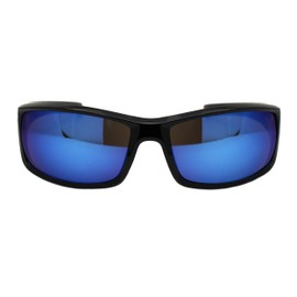 Locs Sunglasses Mens Black Wrap Rectangular Shades Blue Mirror Lens UV 400