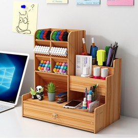 Yimisya Wooden Desk Organizer, Large Capacity DIY Pen Holder with Drawer, Pen Organizer For Desk, Workspace Organizers, Multi-Functional Stationary Organizer For Office, Home And School Supplies