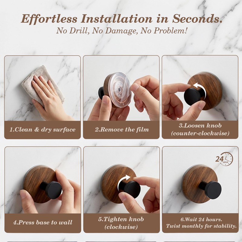 Suction Cup Hooks for Shower, No Drill Adhesive Rustic Bathroom