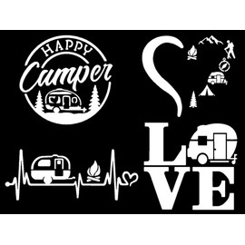 Camping Decal 4 Pack: Happy Camper, Camping Heartbeat, Heart Camping, Love Camper (White, Small ~3.5")