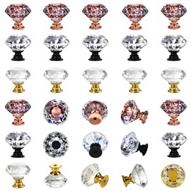 DEELF 30 Packs Crystal Cabinet Knobs Drawer Pulls and Knobs Kitchen Diamond Dresser Handles Crystal Pull for Drawers - 30 mm Clear Glass Knob with Black/Gold/Rose Gold Base