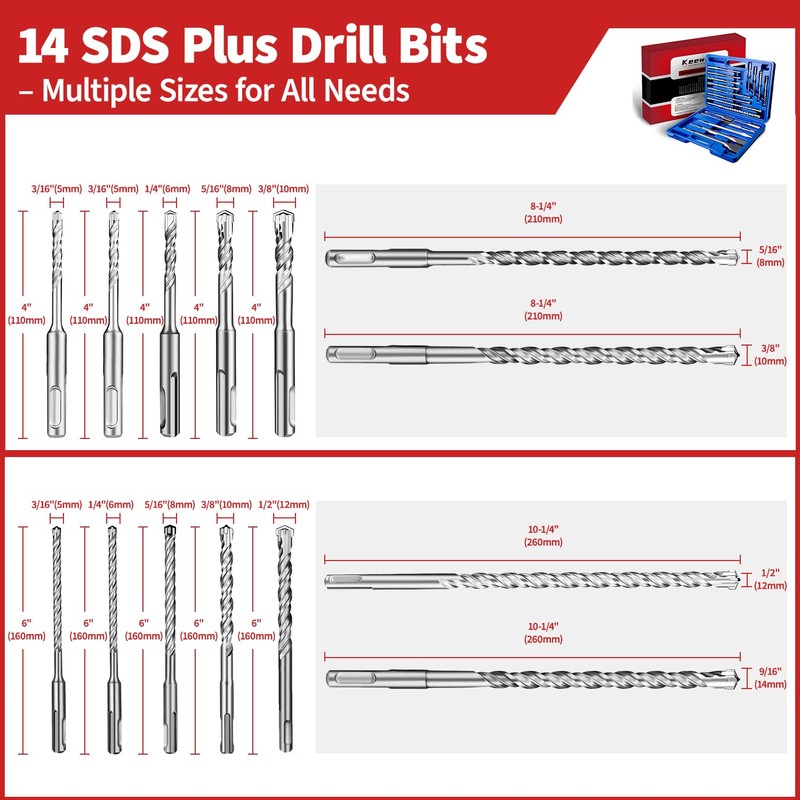 19-Piece SDS Plus Hammer Drill Bits for Concrete and Chisels