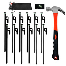 12Pcs Tent Stake with Hammer Set, 8in Tent Stakes Heavy Duty with 10.5in Tent Stakes Hammer, Storage Pouch, Forged Steel Tent Stakes for Camping Used on Rocks, Grassland(12Pcs 8in Stakes+Hammer)