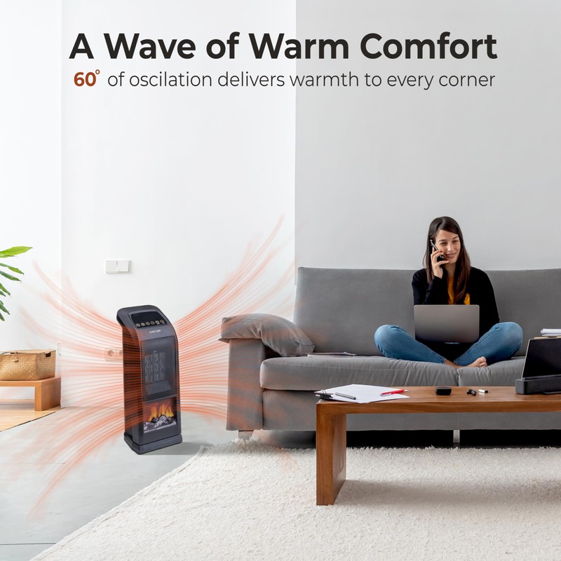 Comfort Zone 18" Tower Space Heater with 3D Flame, 1500W/900W,