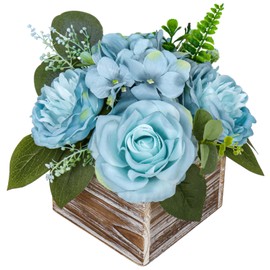 DILATATA Flower Arrangement with Wooden Vase 8" Artificial Flowers in Pot - Fake Flowers Roses Peonies Hydrangeas in Wooden Vase Potted Flower Centerpieces for Table Decor Living Room - Dusty Blue