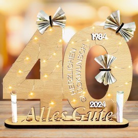 Qunkun Geldgeschenke Geburtstag, Geschenke zum 40 Geburtstag Frau Mann, 40 Geburtstagszahlen Holz Schild Gästebuch mit LED Lichterkette, Kreatives Geldgeschenke, Geburtstag Deko für Freunde/Familie