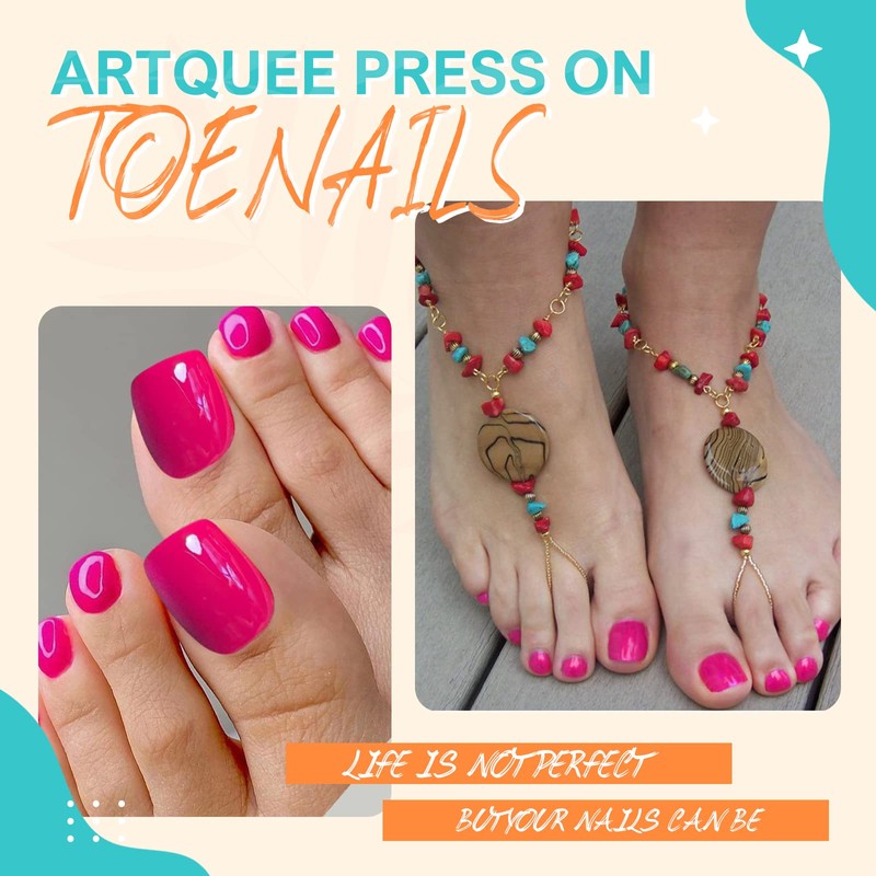 Artquee Hot Pink Fake Toenails Glossy Press on Toe Nails