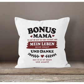 MoonWorks® Cushion Cover Gift Bonus Mum | Bonus Dad Gift Idea Stepmother | Stepdad for Mother's Day | Father's Day Saying Mum White 40 cm x 40 cm