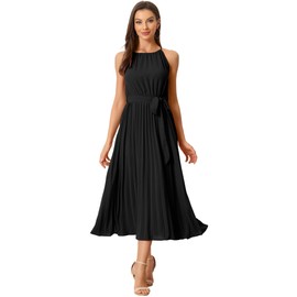 Allegra K Women's Sleeveless A-line Cocktail Pleated Dress with Halter Neck and Belt, black