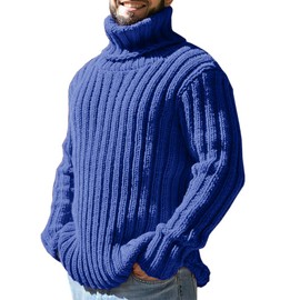 Runcati Men's Turtleneck Pullover Cable Knit Autumn Winter Chunky Knit Plain Jumper Sweater, blue