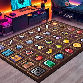 DRVAKO Game Rug Teen Boys Carpet with Pixel Games Element Items Decoration Mat, Weapon Medical Game Rugs for Boy’s Bedroom Living Room Playroom, Non-Slip Children Gaming Area Rugs (Brown, 70" x 55")