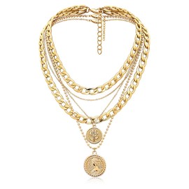 MJartoria Collares en capas de oro para mujer, collar de oro con colgante de moneda, collar de oro delicado y grueso cadena de eslabones para niñas, joyería de regalo de cumpleaños, Cobre, no conocido