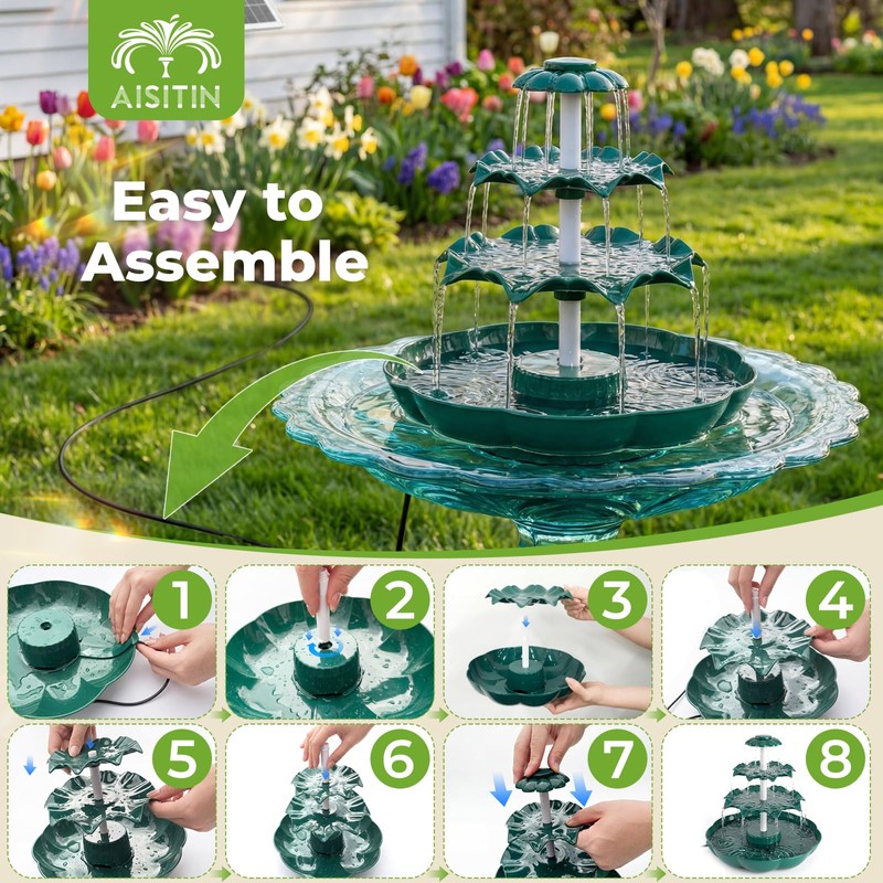 AISITIN 6.5W Solar Bird Bath Fountain, 3-Tiered Waterfall, DIY Detachable