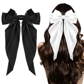 Big Bow Hair Clips 2pcs, Long Tail French Hair Bows for Women Girl, Satin Silky Bow Hair Barrette, Black White Bow Hair Dress Up Accessories for Party/Show/Christmas/Thanksgiving/Wedding