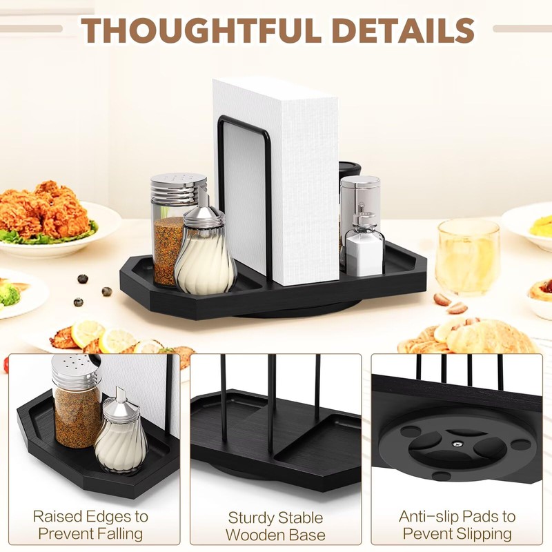FODIENS Napkin Holder for Table, Rotating Napkin Dispenser with Salt