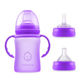 Hamarue 3-in-1 Glass Sippy Cups for Toddlers | Silicone Coated Glass Baby Bottles | Non-Toxic Transition Cup for Baby with Removeable Handles | Baby Straw Cup NB+,3M,6M,12M (Purple, 5 oz)