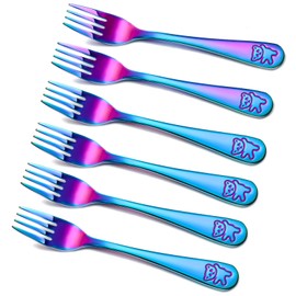 Minatee 6 Pieces Rainbow Kids Forks Toddler Silverware Set Baby Utensil Small Food Grade Cutlery Flatware Stainless Steel Forks Metal Self Feeding for Home and School, Dishwasher Safe