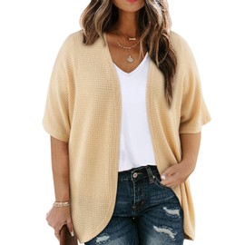 Eytino Womens Plus Size Open Front Cardigans Casual Short Sleeve Waffle Knit Kimono Tops Summer Cover-ups Apricot 2X