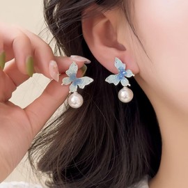 Boho Butterfly Stud Earrings Vintage Enamel Butterfly Stud Earrings Fashion Large Pearl Drop Earrings Jewellery for Women and Girls, Alloys