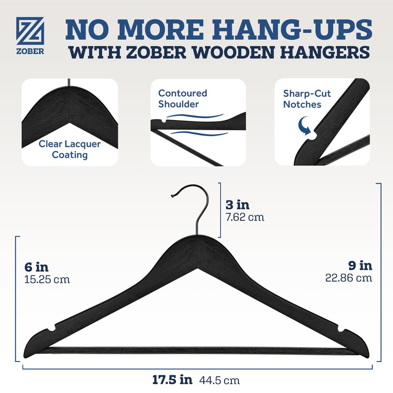 Zober Black Wooden Hangers - 20 Pack, Heavy Duty, Non
