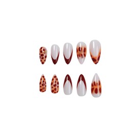 SINHOT Almond Press on Nails Medium Fake Nails Glossy Glue on Nails Leopard Print Acrylic Nails Stiletto Artificial Nails Red French Tip Stick on False Nails with Design 24 pcs
