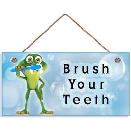 Brush Your Teeth Wood Sign Kids Bathroom Reminder Sign Wall Plaque Frog Brushing Teeth Bubbles 12x6inches(1068qq)