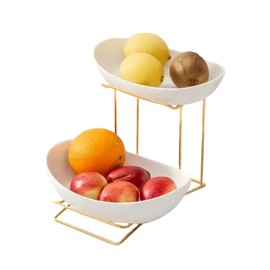 Fnaumdol 2 Tier plastics fruit bowl for kitchen counter，tiered fruit basket for countertop，Snack plate，Gold metal rust prevention，Party, family, birthday,Fully welded firmly (Gold&White)