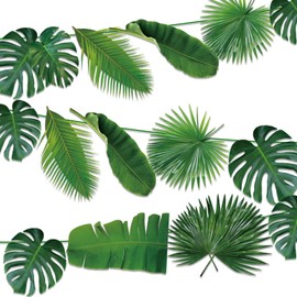 Palm Leaves Party Decorations - 3 Pieces Tropical Leaves Banner, Green Artificial Palm Leaves Garland, Jungle Party Decorations Palm Leaves for Hawaiian Theme Party Supplies