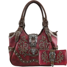 Justin West American Albino Floral Embroidery Buckle Shoulder Concealed Carry Handbag Purse (Red Purse and Wallet Set)