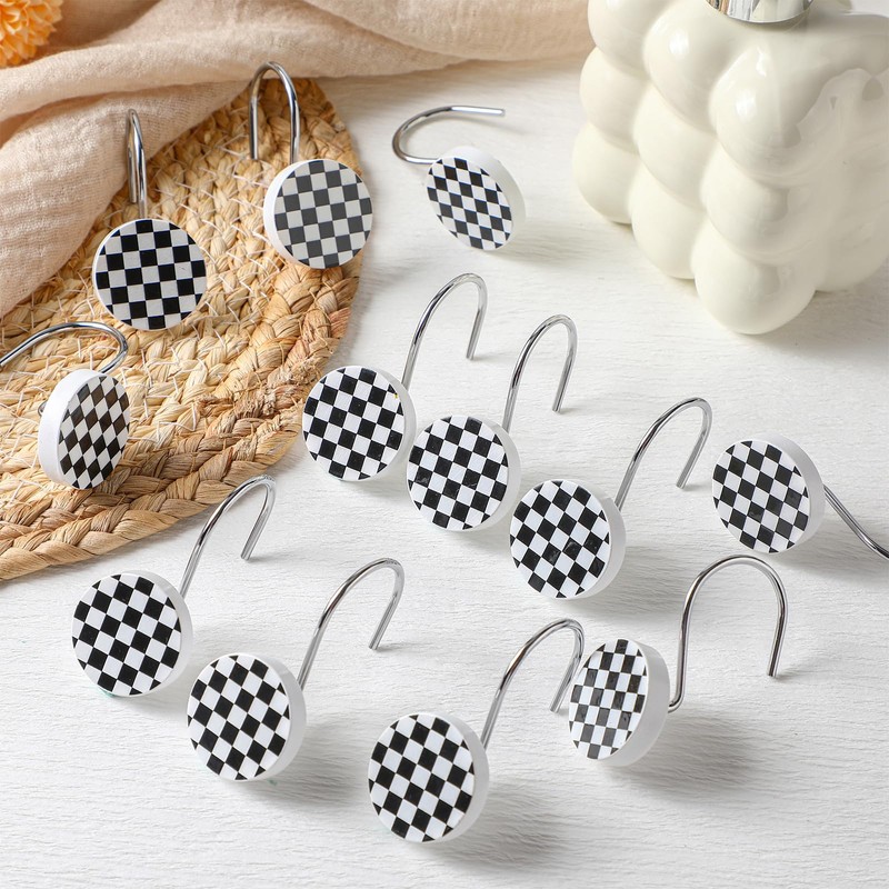 Yalikop 12 Pack Black and White Checkered Shower Curtain Hooks