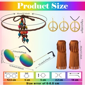 6 Pcs 60s 70s Outfits for Women Hippie Costume Accessories Fringe Vest Sunglasses Necklaces Earring Headband(Black,XXX-Large)