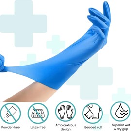 Handicare 280mm Extended Long Cuff Blue Nitrile Disposable Gloves, Pack of 100, Powder, Free Latex Free, Chemical Resistant, Food&Medical Exam Gloves (Large)