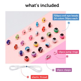 Incraftables Evil Eye Beads for Jewelry Making (24 Colors). Best Evil Eye Bracelets kit (720pcs). Round Evil Eye Glass Beads for DIY Charms & Necklace with Elastic String & Clasps