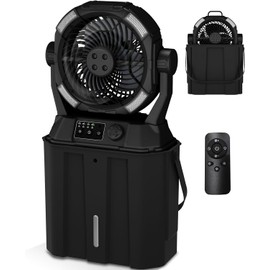 Wilody Portable Misting Fan Rechargeable with Remote Control, 6L Bucket Camping Fan with LED Lights & Stepless Speed Control & Cooling Mist, Portable Handle & Rotate Hook, Timer Function