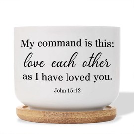 DecStic My Command is This Love Each Other As I Have Loved You Planter Ceramic Bible Verse Round Flower Pot with Drainage Holes and Bamboo Tray Pot for Home Office Desk Garden