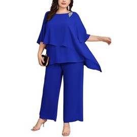 Hanna Nikole Women's Large Sizes Chiffon Evening Suit Sets Cocktail Party Festive Elegant 2-Piece Set Shirt and High Waist Trouser Suit Two Piece, royal