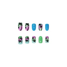 SINHOT Almond Press on Nails Medium - Cocoanut Fake Nails Glossy Glue on Nails Pink Blue Ombre Nails Summer Colorful Stiletto Artificial Nails Stick on False Nails with Design DIY 24 pcs