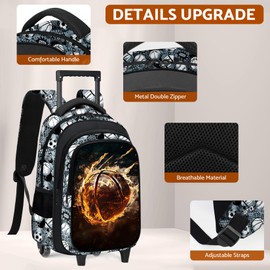 Fitvc Boys Rolling Backpack for Kids - Basketball Kids Rolling Backpack with Wheels for Elementary Middle School Students - Sport Roller School Bookbag Aged 6-18, Wheeled Travel Bag Large Capacity