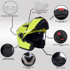 Milwaukee Helmets MPH9809DOT 'Ionized' Neon Yellow Advanced Motorcycle Modular Helmet for Men and Women Biker w/ Drop Down Visor - Medium