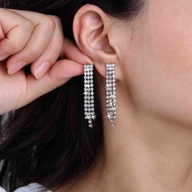 Silver Wedding Earrings Brides Long Rhinestone Earrings Sparkle Crystal Dangle Earrings Cz Tassel Rhinestone Drop Earrings Cubic Zirconia Diamond Earrings Prom Statement Earrings Jewelry for Women